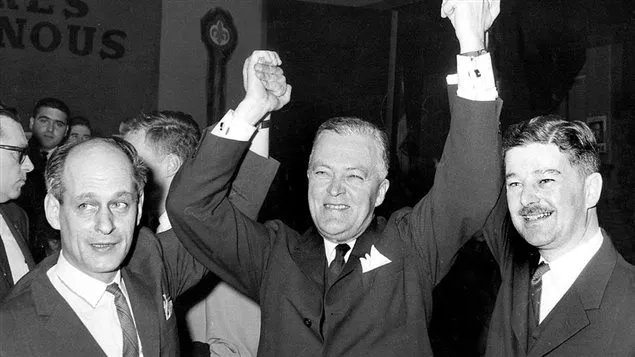 René Lévesque, Jean Lesage et Paul Gérin-Lajoie, principaux artisans de la Révolution Tranquille du Québec, en 1962 Photo : Archives La Presse/Réal Saint-Jean